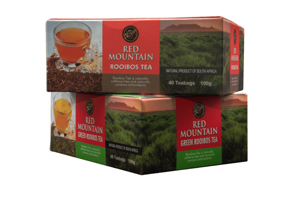 Rooibos tea and green rooibos tea boxes stacked on top of each other
