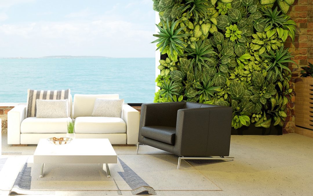 A living room with couches and coffee table at a beach house with a vertical garden on the wall