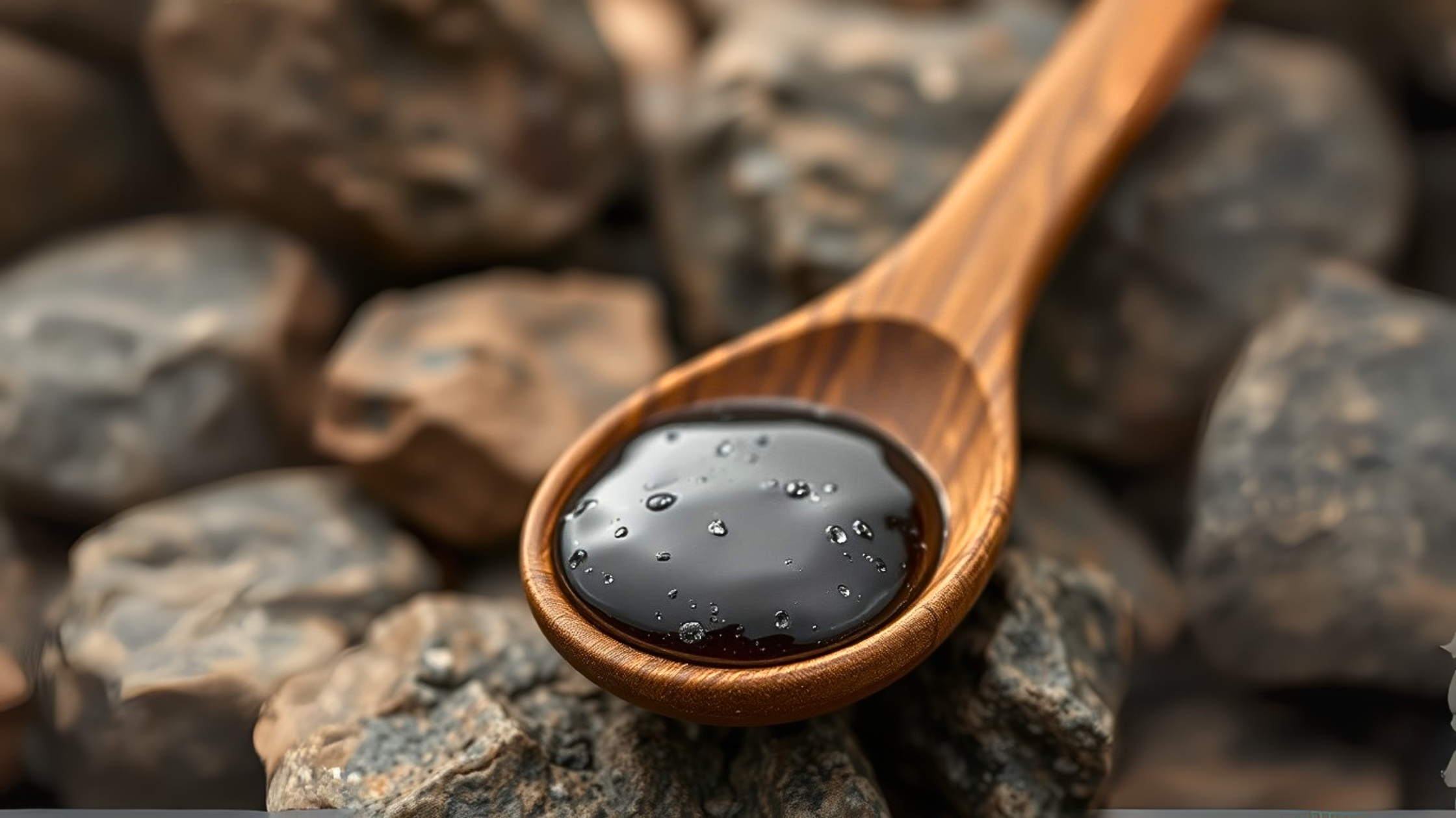 Himalayan Shilajit Benefits - Image of Himalayan Shilajit resin on a wooden spook with rocks in the background
